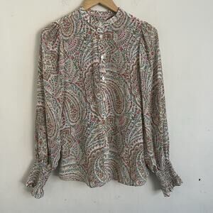 Boden 100% Silk Bohemian High Neck Smacked Cuff Paisley Floral Blouse Shirt 8